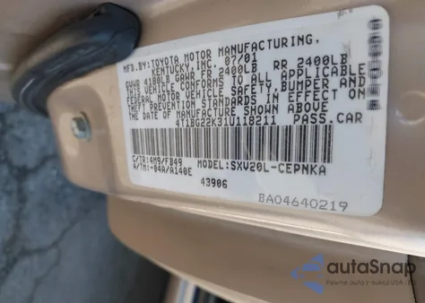 2001 Toyota Camry Le из США, поврежденный, VIN 4T1BG22K31U118211